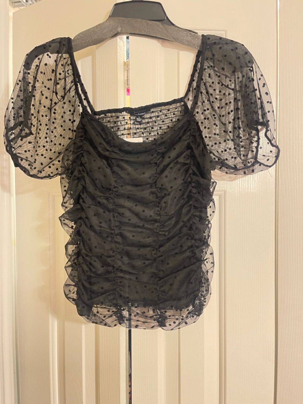 Black Polka Dot Sheer back Ruched Puff Sleeve Top NWT